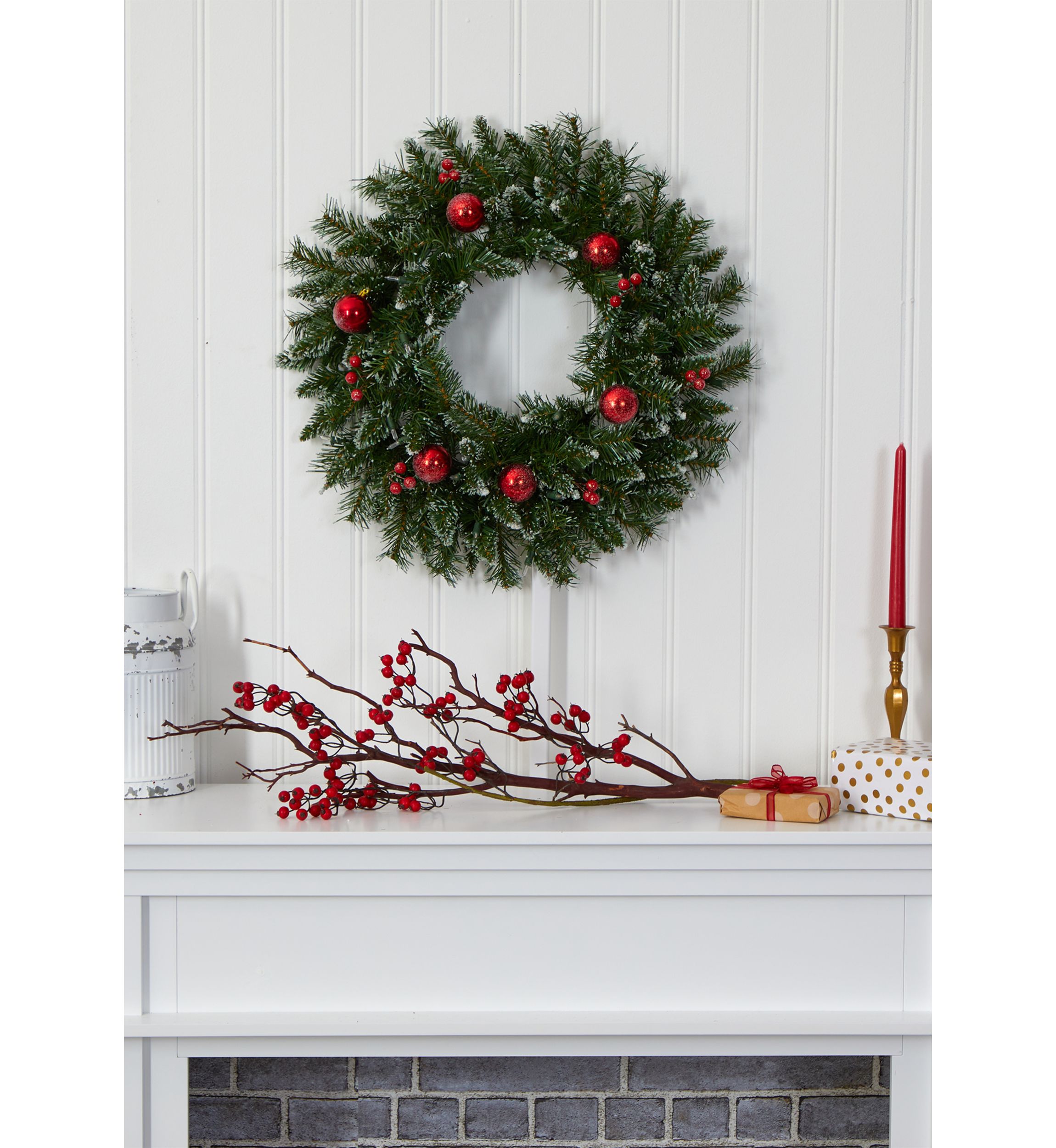 Frosted Christmas Wreath with Ornaments and Berries
