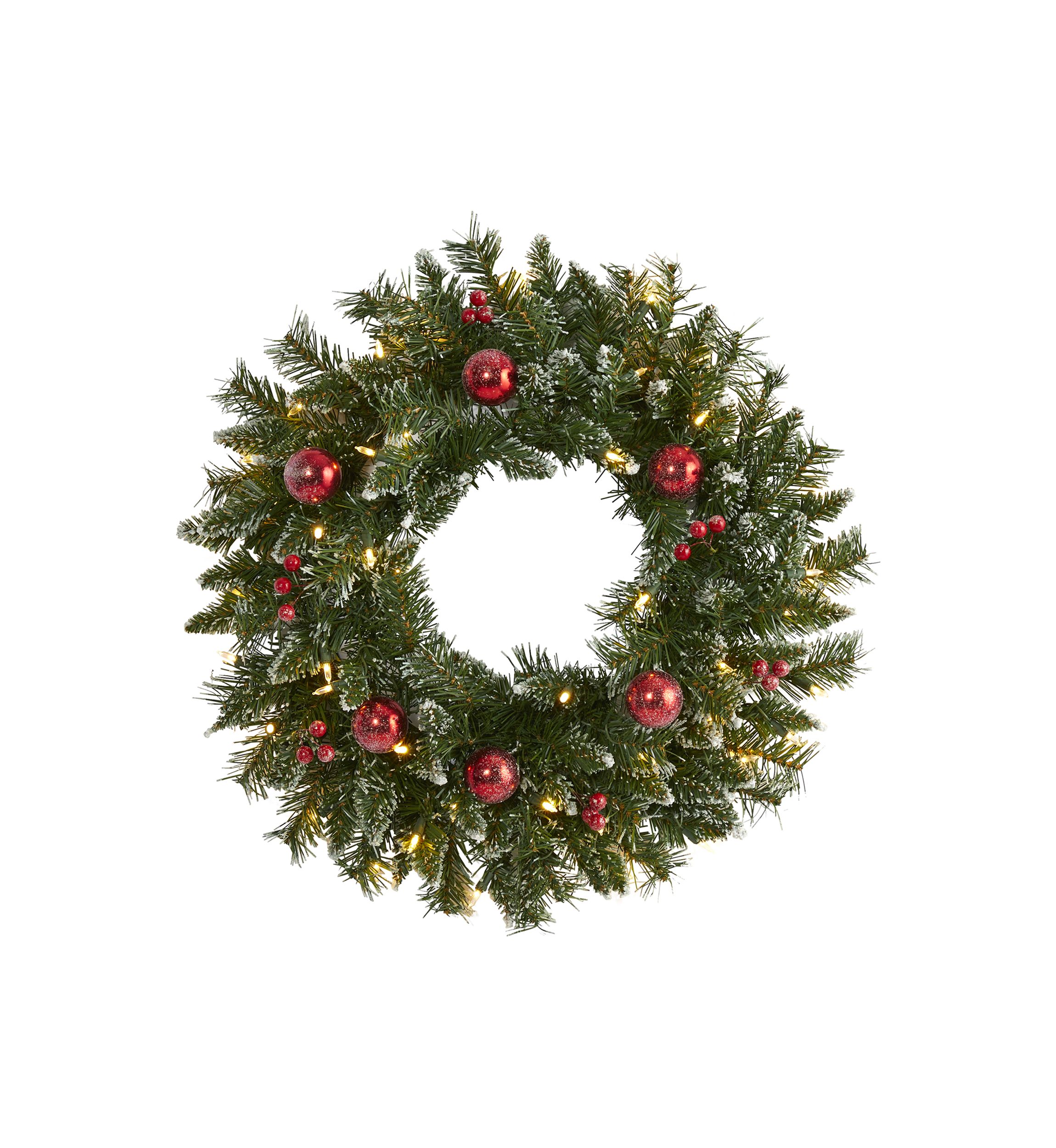 Frosted Christmas Wreath with Ornaments and Berries