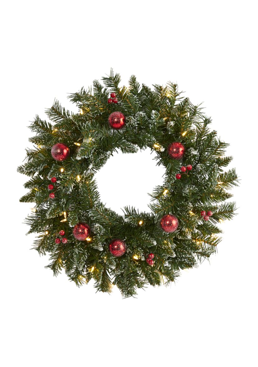 Frosted Christmas Wreath with Ornaments and Berries