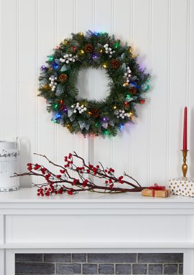 Nearly Natural Snow Tipped Christmas Wreath with White Berries and Pine Cones, Green
