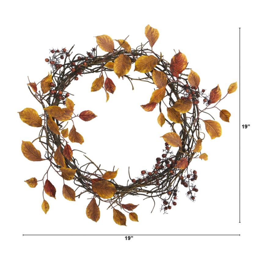 19-Inch Harvest Leaf, Berries and Twig Artificial Wreath