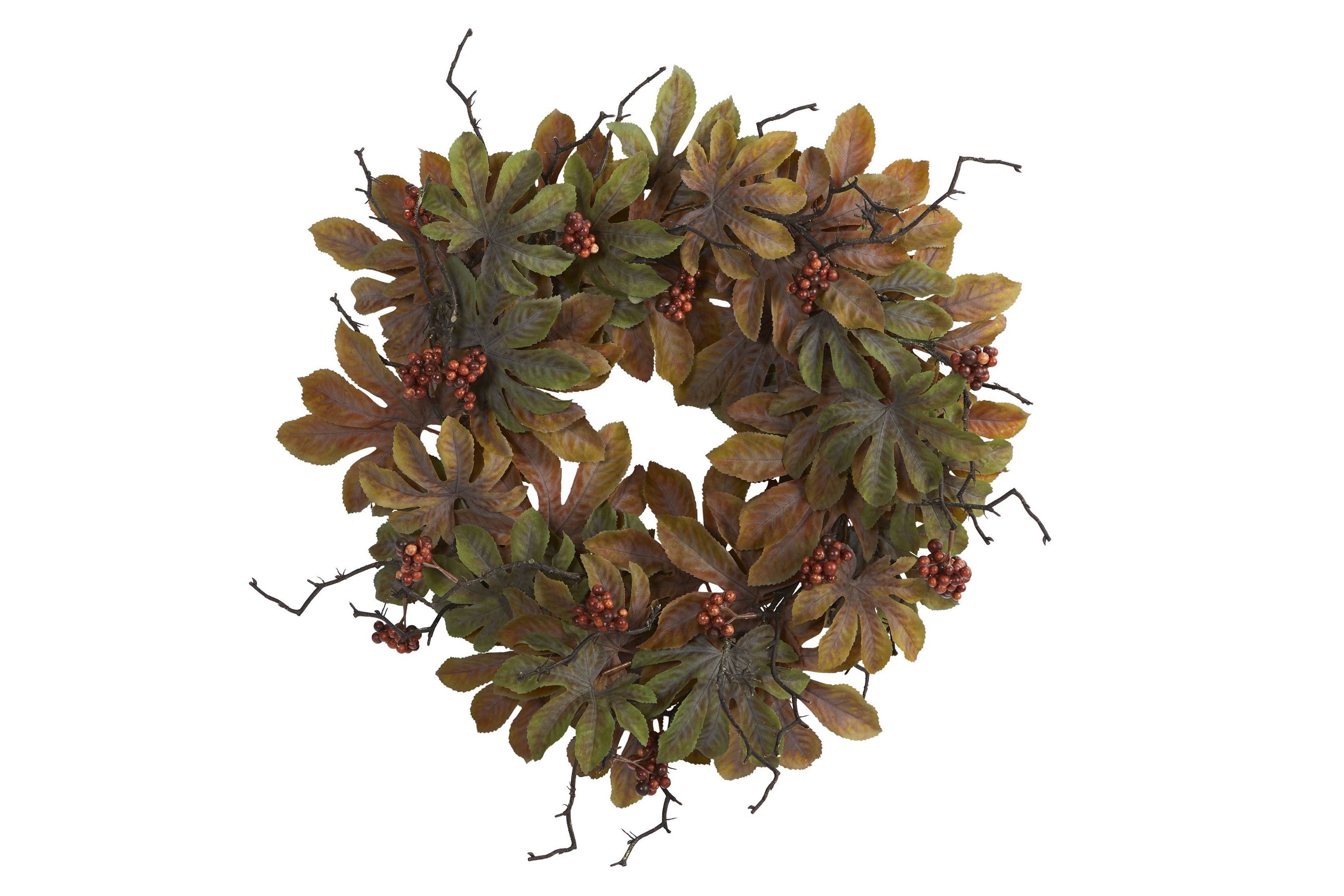 24-Inch Fatsia with Berries Autumn Artificial Wreath