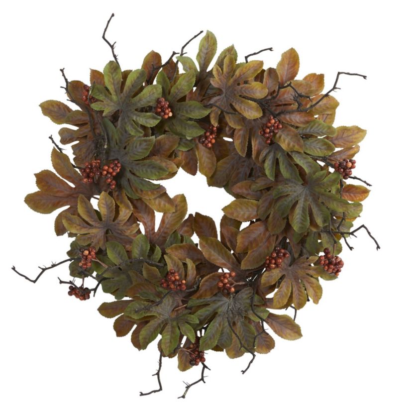 24-Inch Fatsia with Berries Autumn Artificial Wreath
