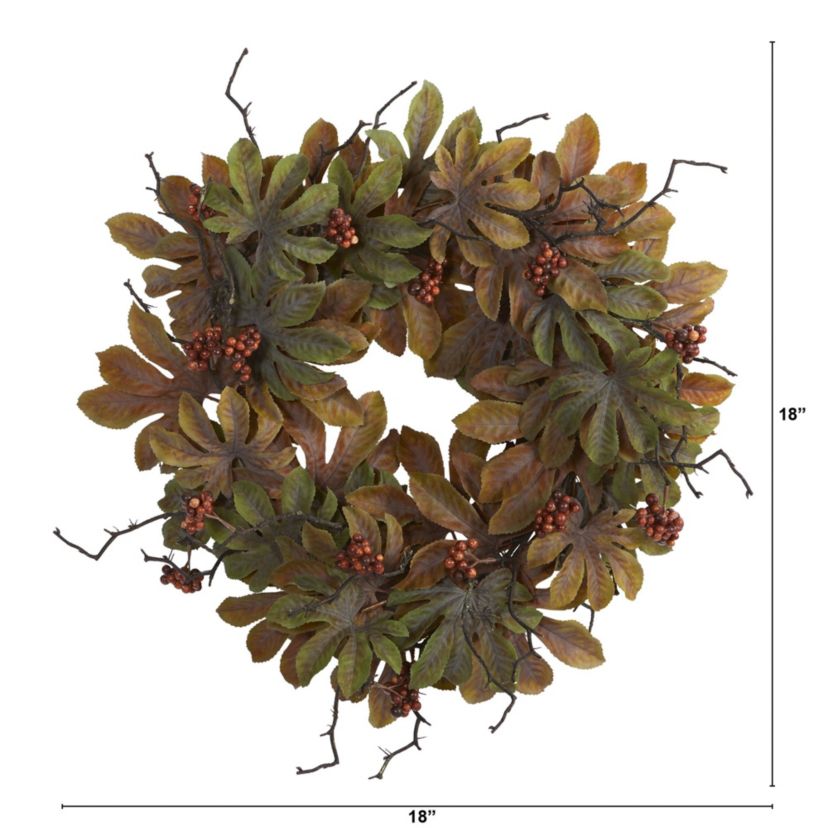 24-Inch Fatsia with Berries Autumn Artificial Wreath