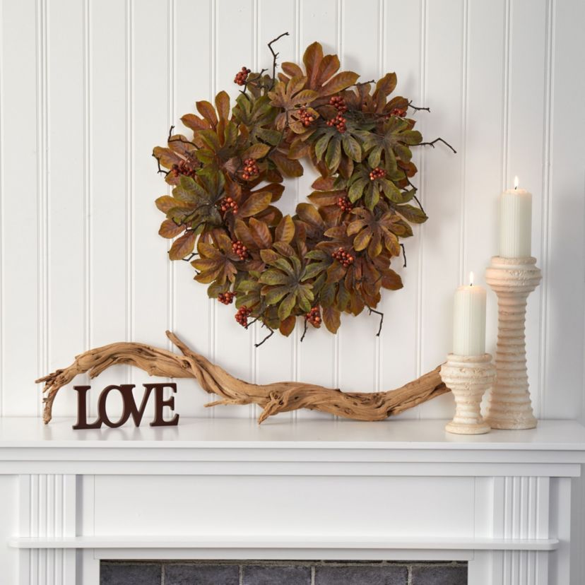 24-Inch Fatsia with Berries Autumn Artificial Wreath