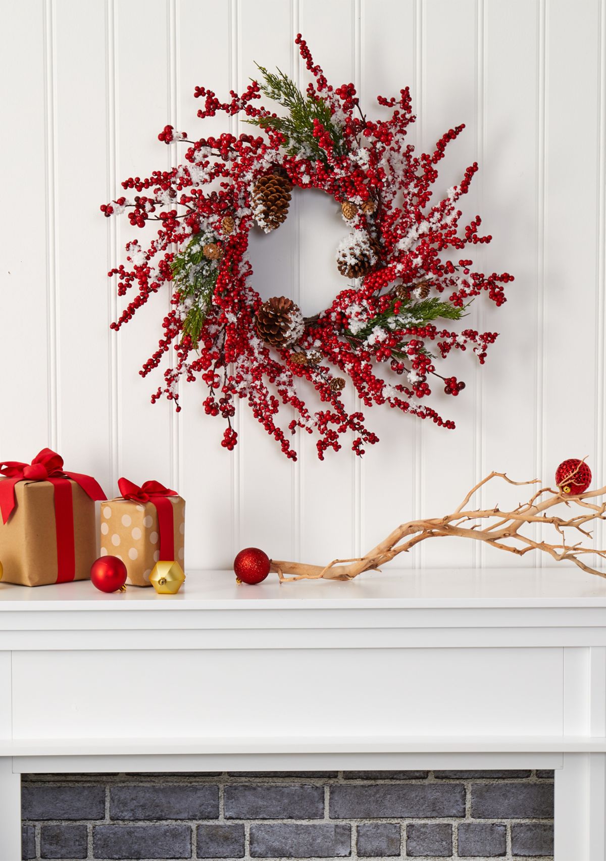 Frosted Cypress Wreath with Berries and Pine Cones