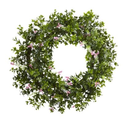 18” Mini Ivy & Floral Double Ring Wreath w/Twig Base