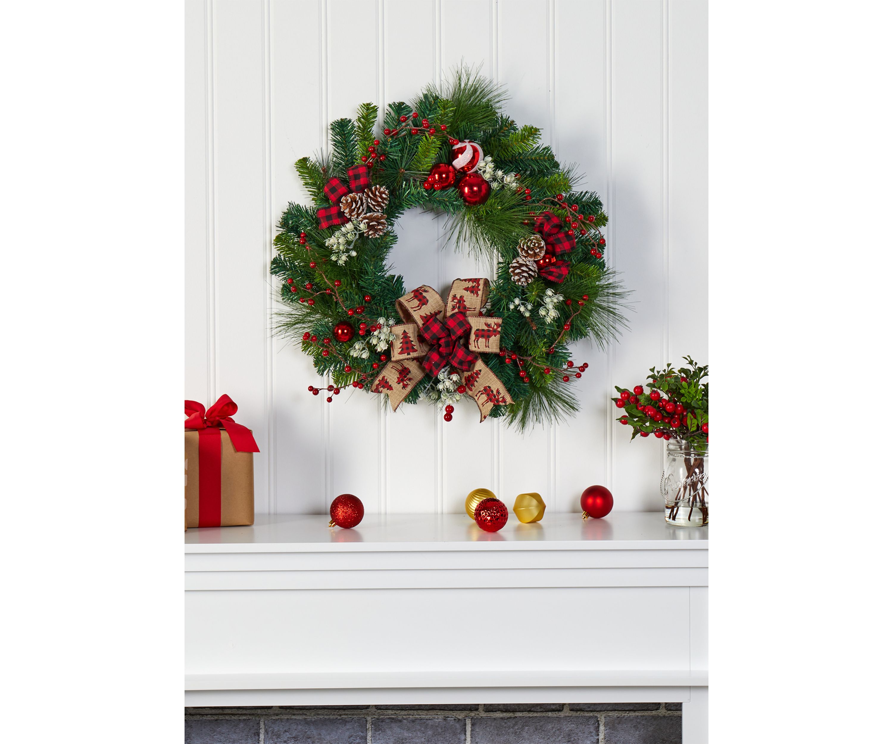 Christmas Pine Wreath with Pine Cones and Ornaments
