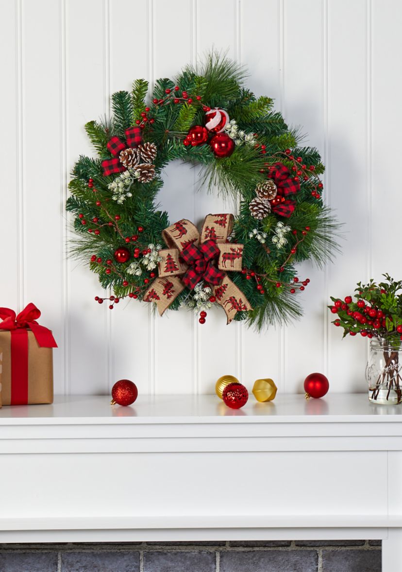 Christmas Pine Wreath with Pine Cones and Ornaments