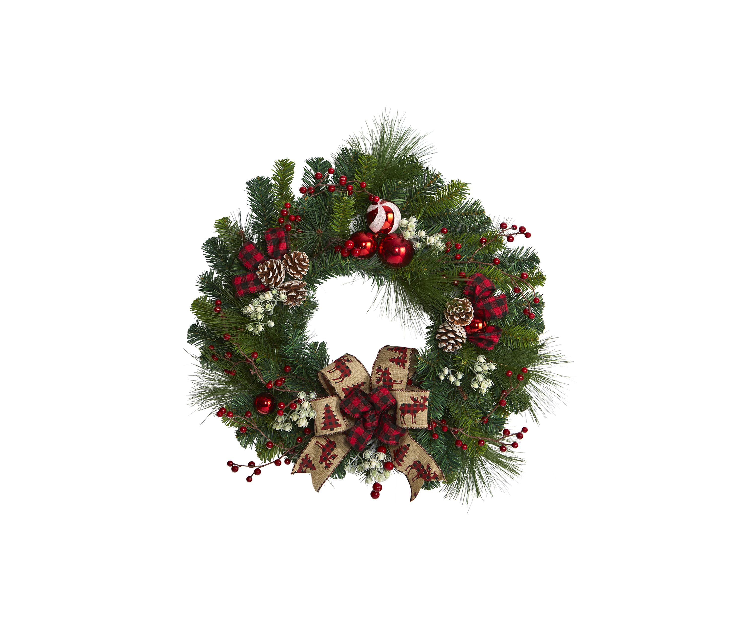 Christmas Pine Wreath with Pine Cones and Ornaments