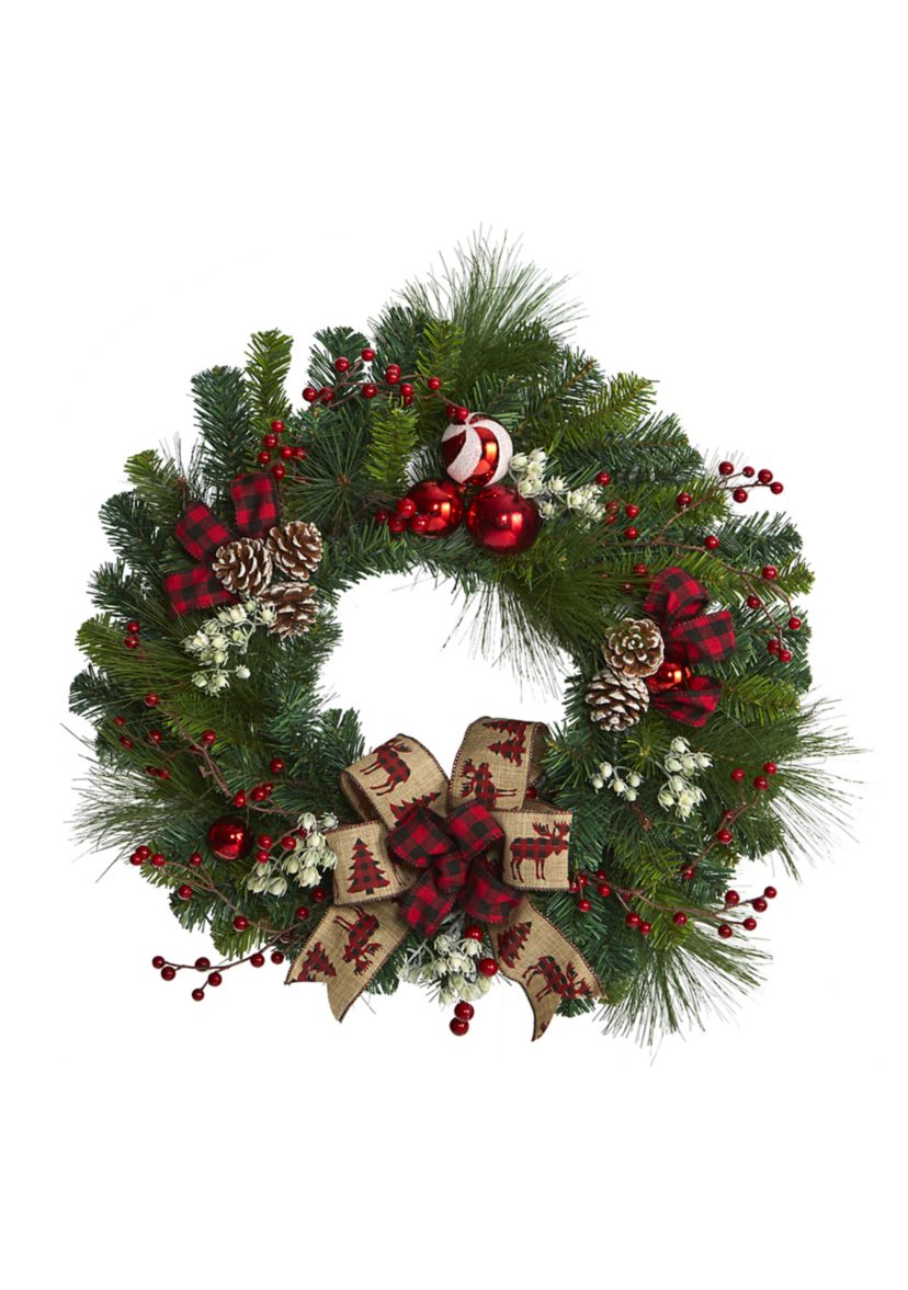 Christmas Pine Wreath with Pine Cones and Ornaments
