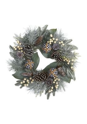 Snow Tipped Holiday Wreath with Berries Pine Cones and Ornaments