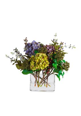 Mixed Hydrangea Silk Flower Arrangement with Rectangle Vase