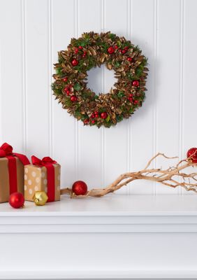 Nearly Natural Holiday Wreath with Pine Cones and Ornaments, Green