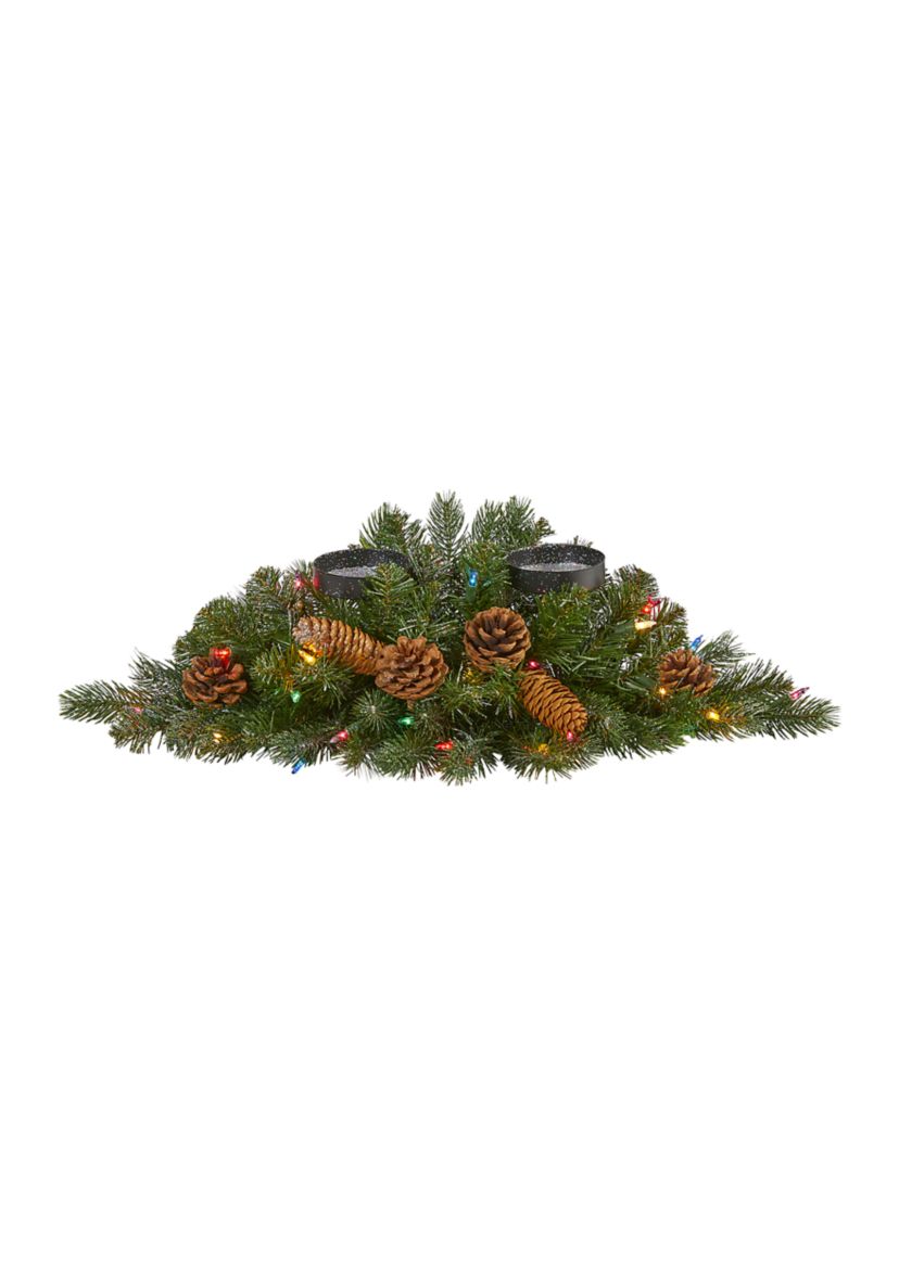 Flocked Christmas Double Candelabrum with Multicolored Lights