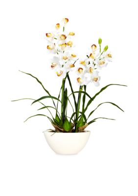 Cymbidium Silk Flower Arrangement with White Vase
