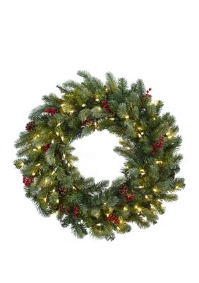 Nearly Natural 30 in Lighted Pine Wreath with Berries and Pine Cones, Green
