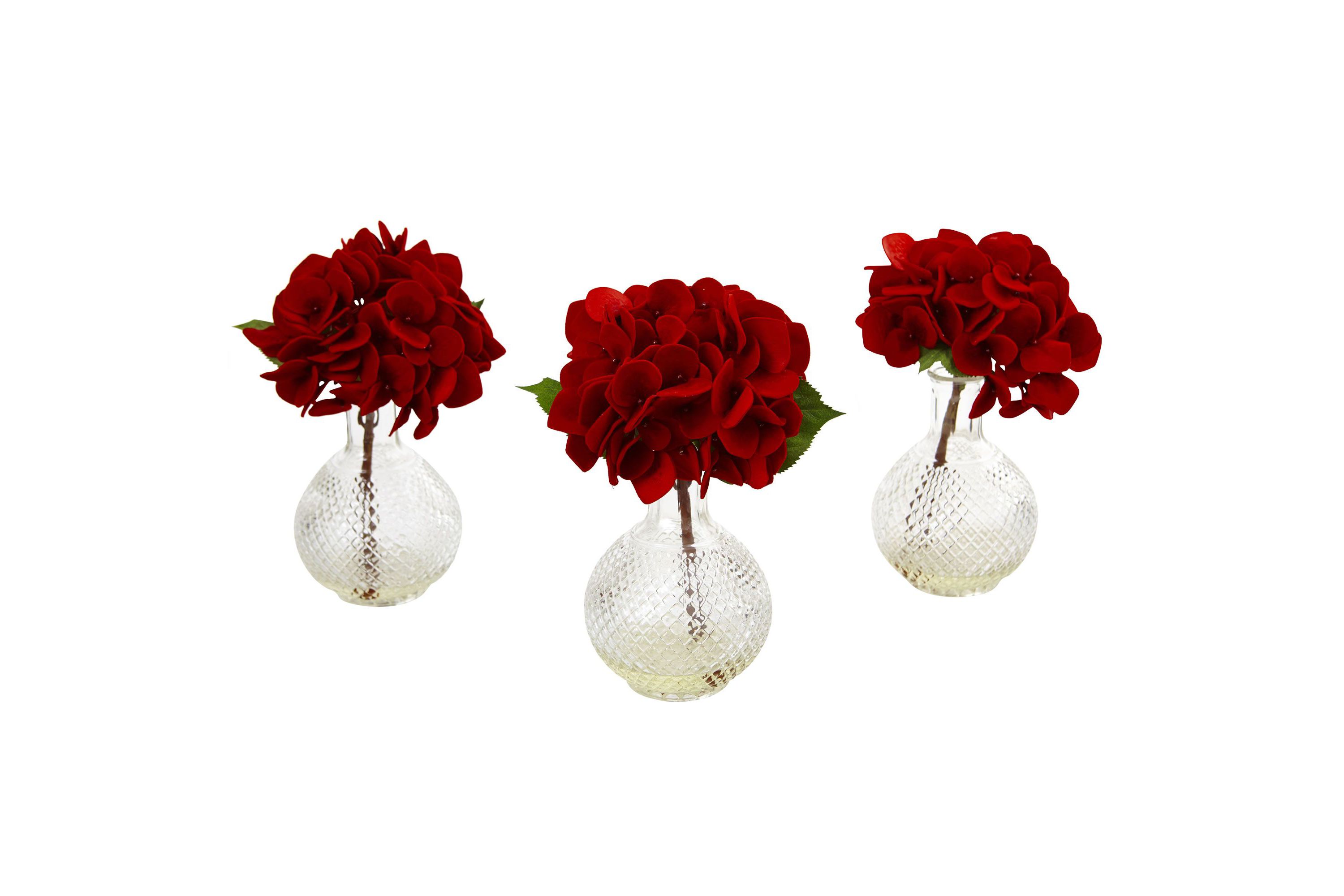 Red Hydrangea with Glass Vase (Set of 3)