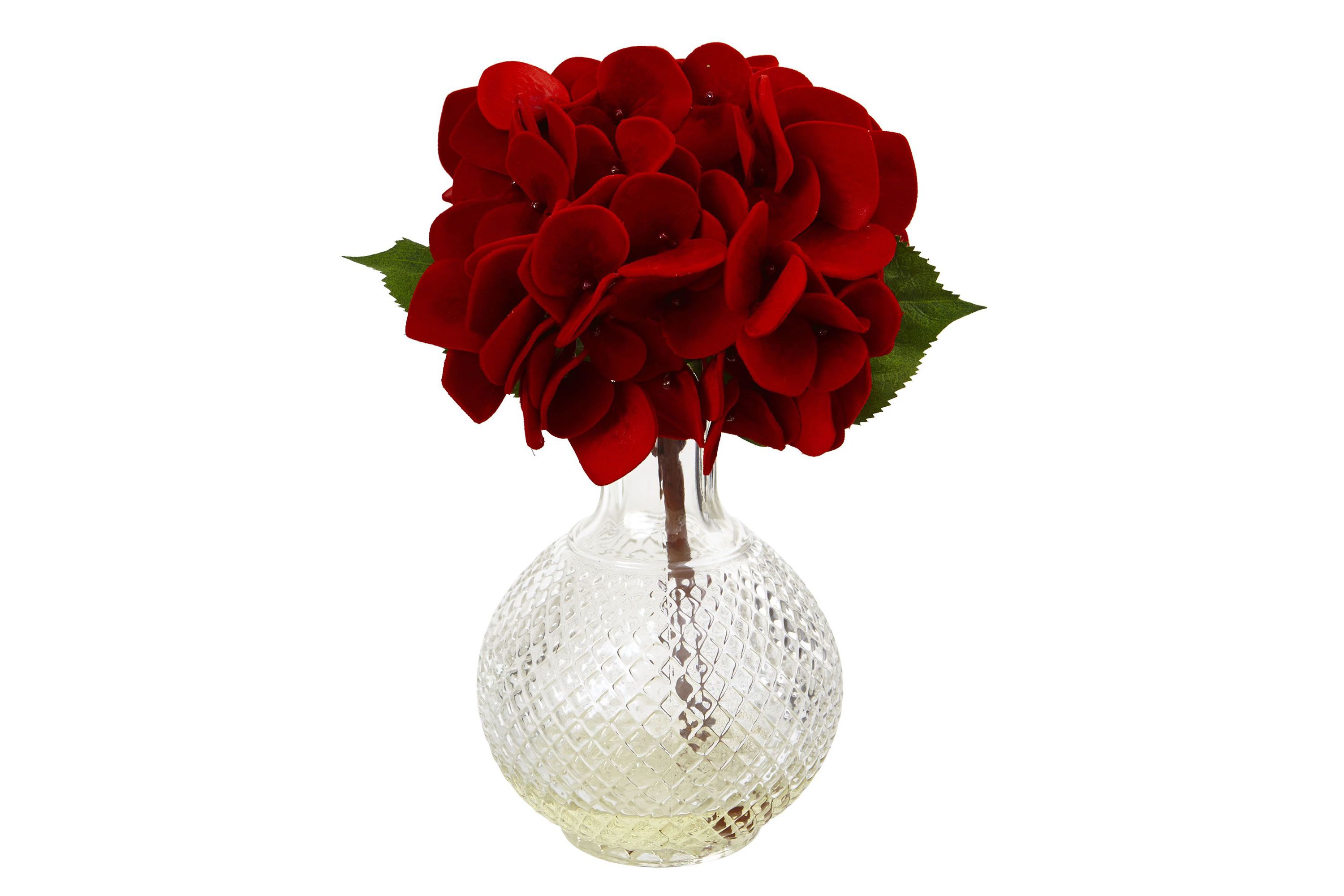 Red Hydrangea with Glass Vase (Set of 3)