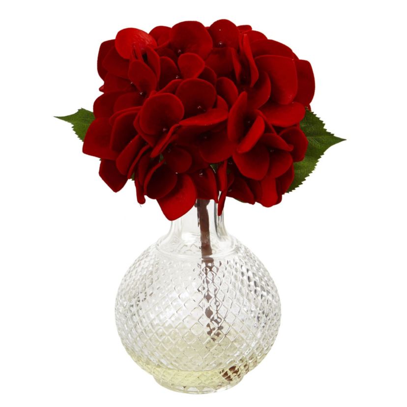 Red Hydrangea with Glass Vase (Set of 3)