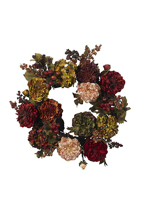 Nearly Natural 22 in Autumn Hydrangea Peony Wreath