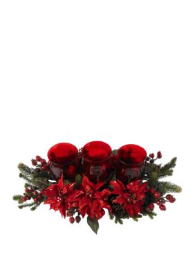 Poinsettia & Berry Triple Candelabrum