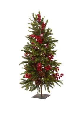 Nearly Natural 3 Ft Pine and Berry Christmas Tree, Green