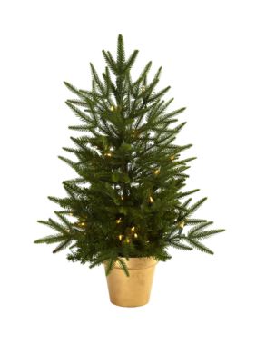 Nearly Natural 2.5 ft Christmas Tree with Golden Planter & Clear Lights, Green