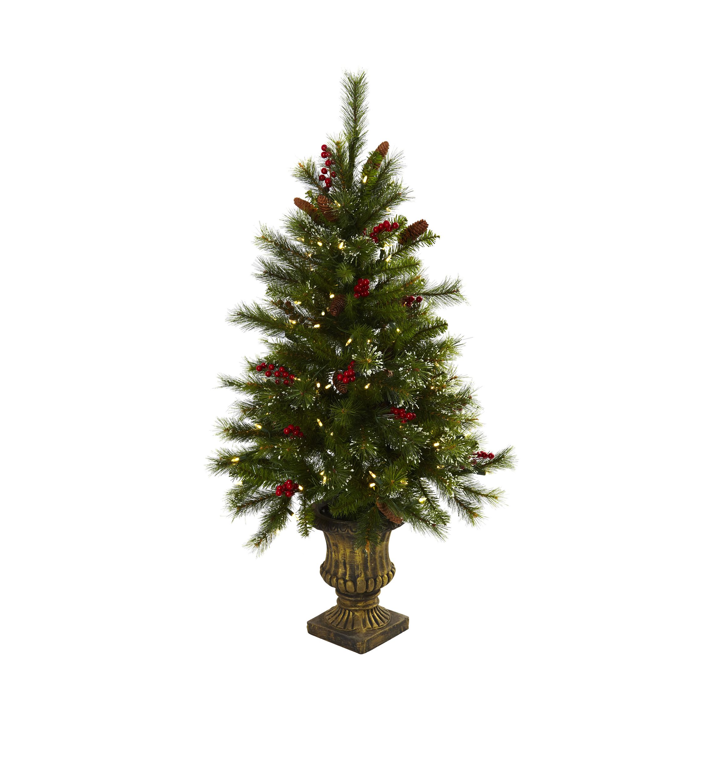 4 ft Christmas Tree with Berries Pine Cones LED Lights & Decorative Urn