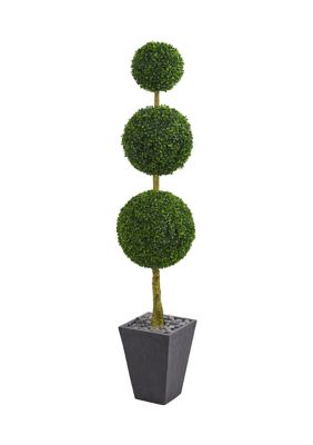 Nearly Natural Boxwood Triple Ball Topiary Tree in Slate Planter Indoor/Outdoor