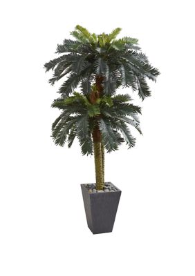 6 Foot Double Sago Palm Artificial Tree Slate Finished Planter