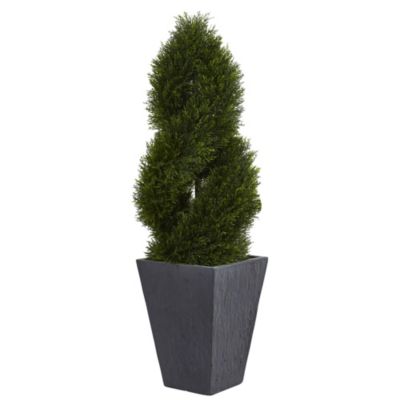 Nearly Natural 4-Foot Cypress Double Spiral Topiary Artificial Tree in Slate Planter UV Resistant (Indoor/Outdoor), Green