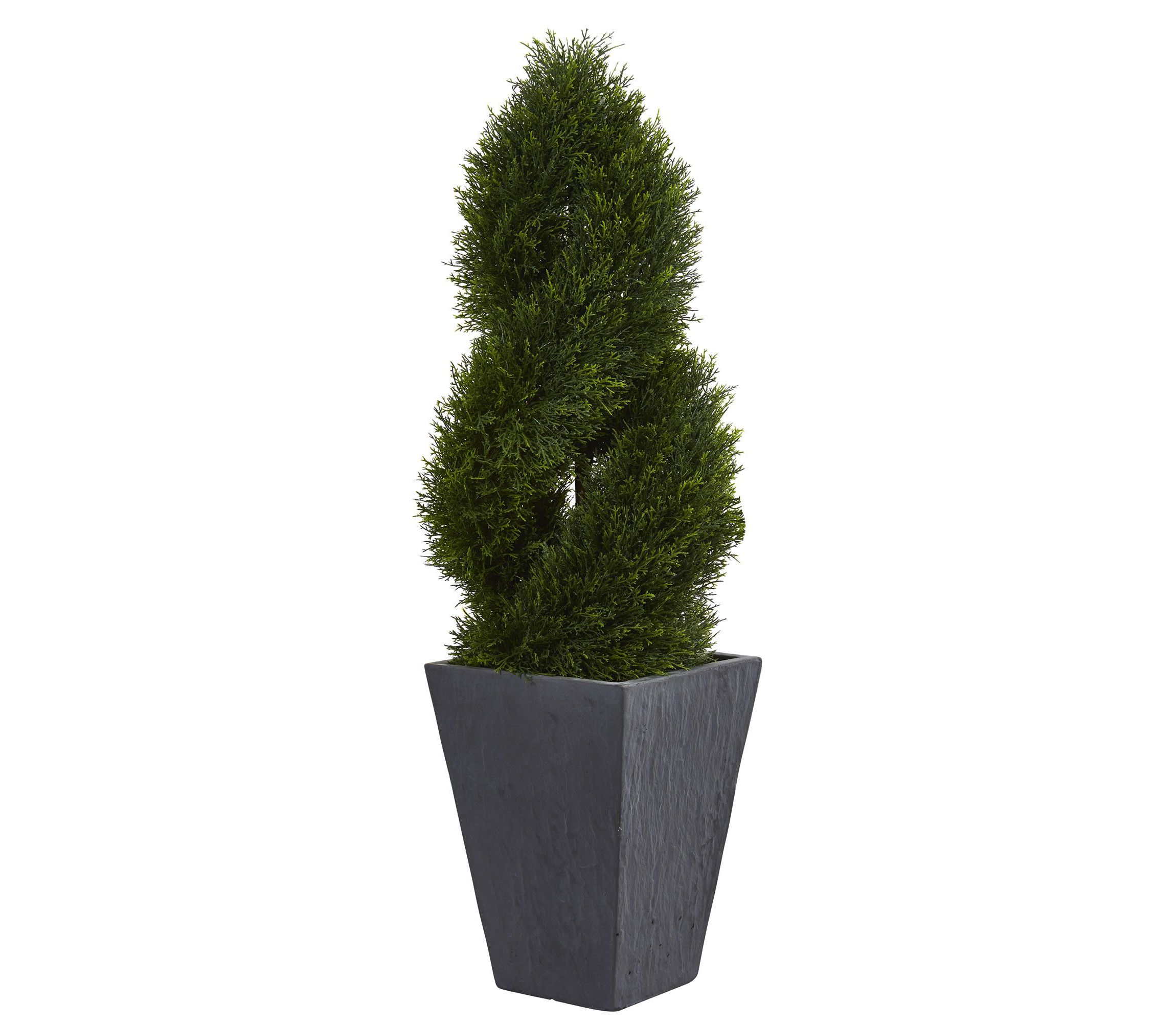 4-Foot Cypress Double Spiral Topiary Artificial Tree in Slate Planter UV Resistant (Indoor/Outdoor)