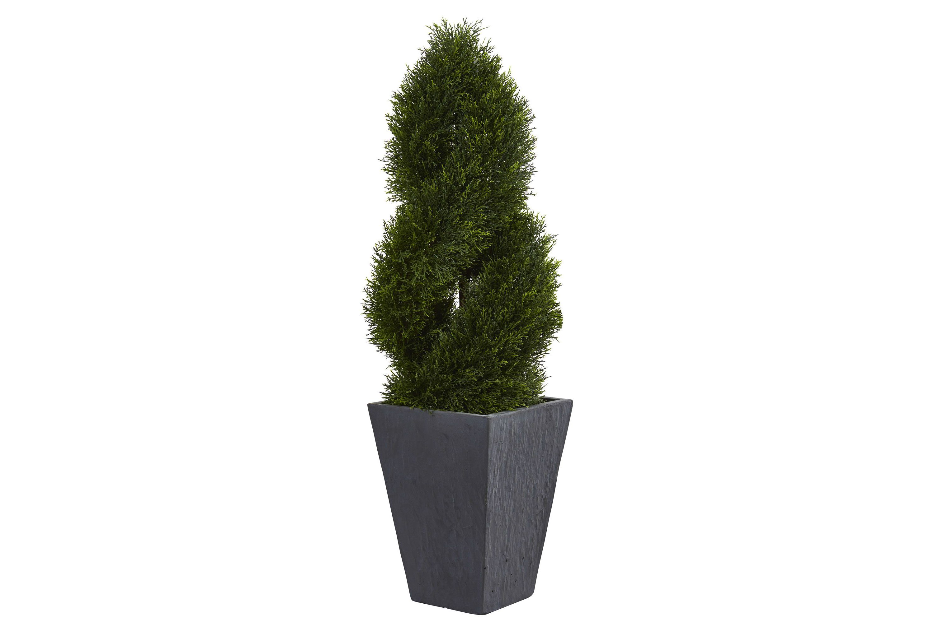4-Foot Cypress Double Spiral Topiary Artificial Tree in Slate Planter UV Resistant (Indoor/Outdoor)