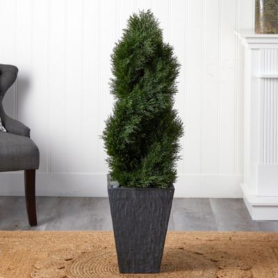 4-Foot Cypress Double Spiral Topiary Artificial Tree in Slate Planter UV Resistant (Indoor/Outdoor)