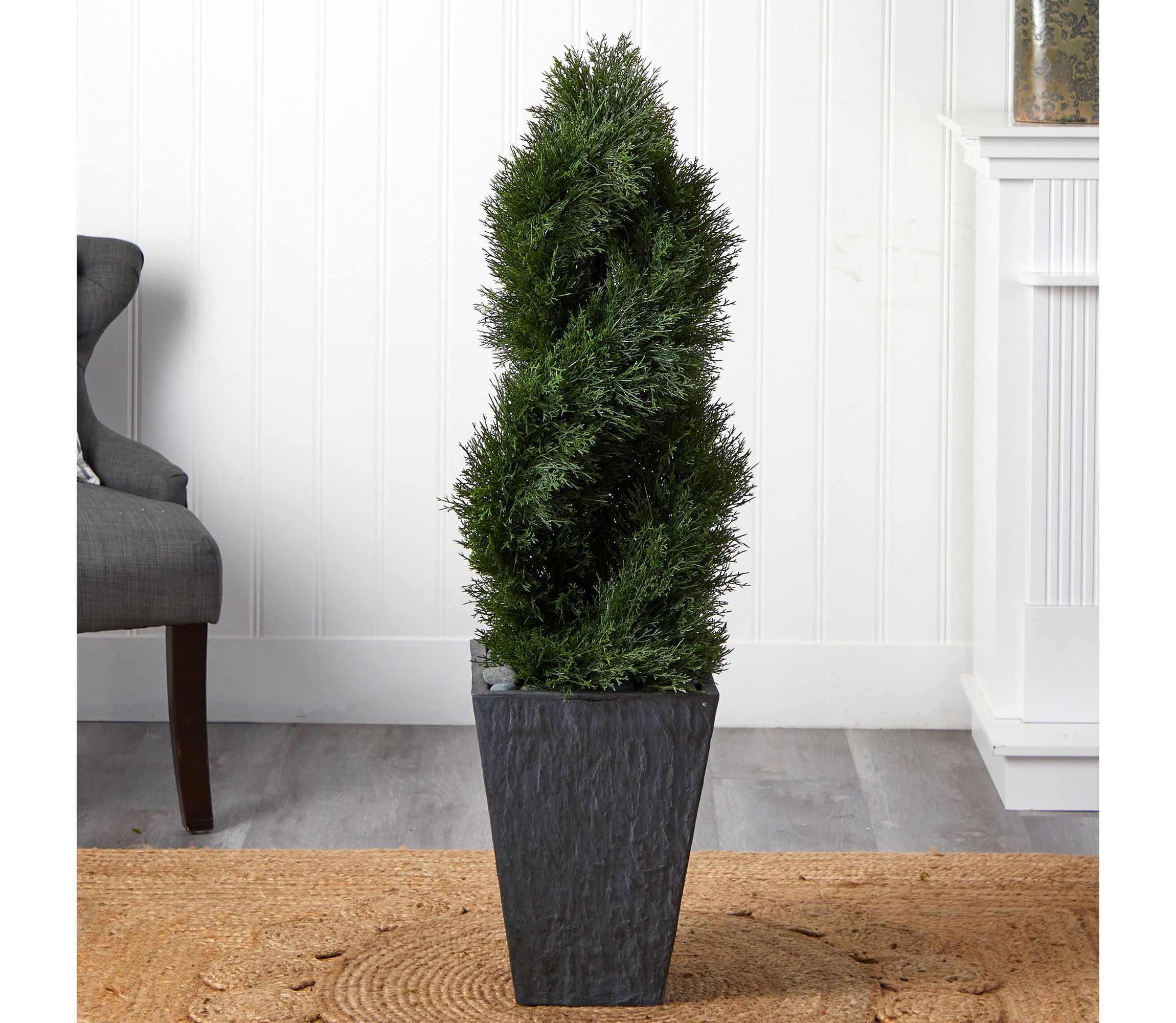 4-Foot Cypress Double Spiral Topiary Artificial Tree in Slate Planter UV Resistant (Indoor/Outdoor)