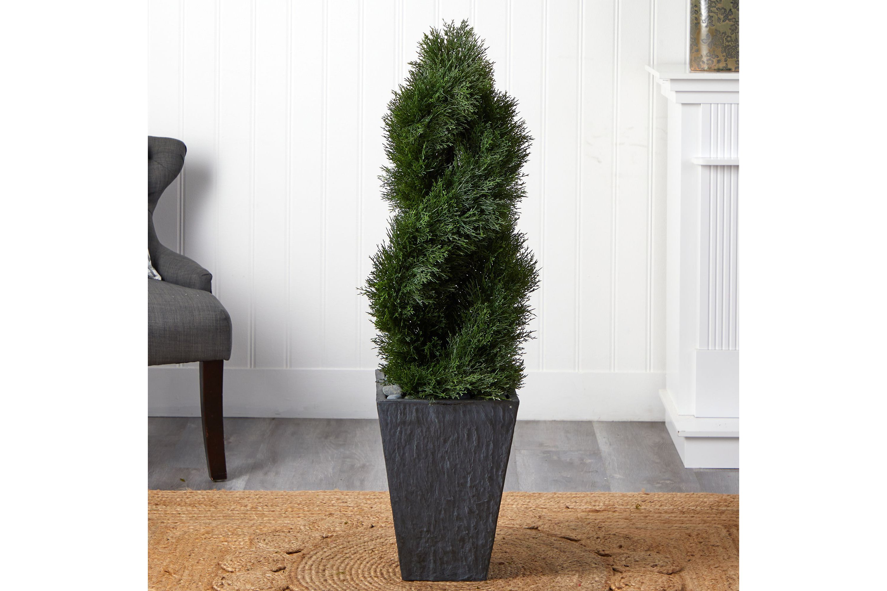 4-Foot Cypress Double Spiral Topiary Artificial Tree in Slate Planter UV Resistant (Indoor/Outdoor)