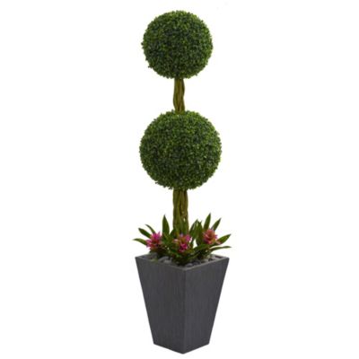 5-Foot Double Boxwood Ball Topiary Artificial Tree in Slate Planter UV Resistant (Indoor/Outdoor)