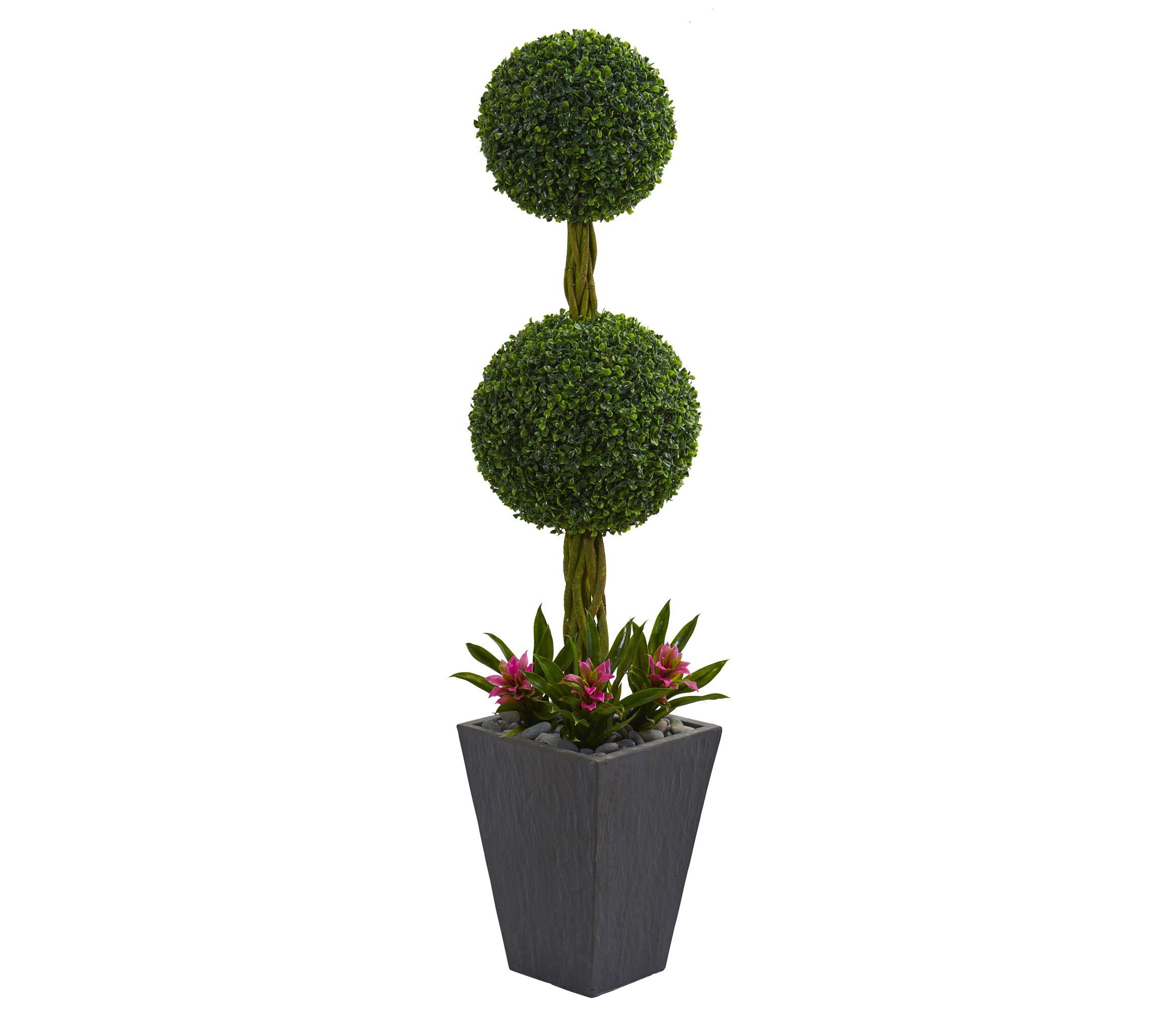 5-Foot Double Boxwood Ball Topiary Artificial Tree in Slate Planter UV Resistant (Indoor/Outdoor)