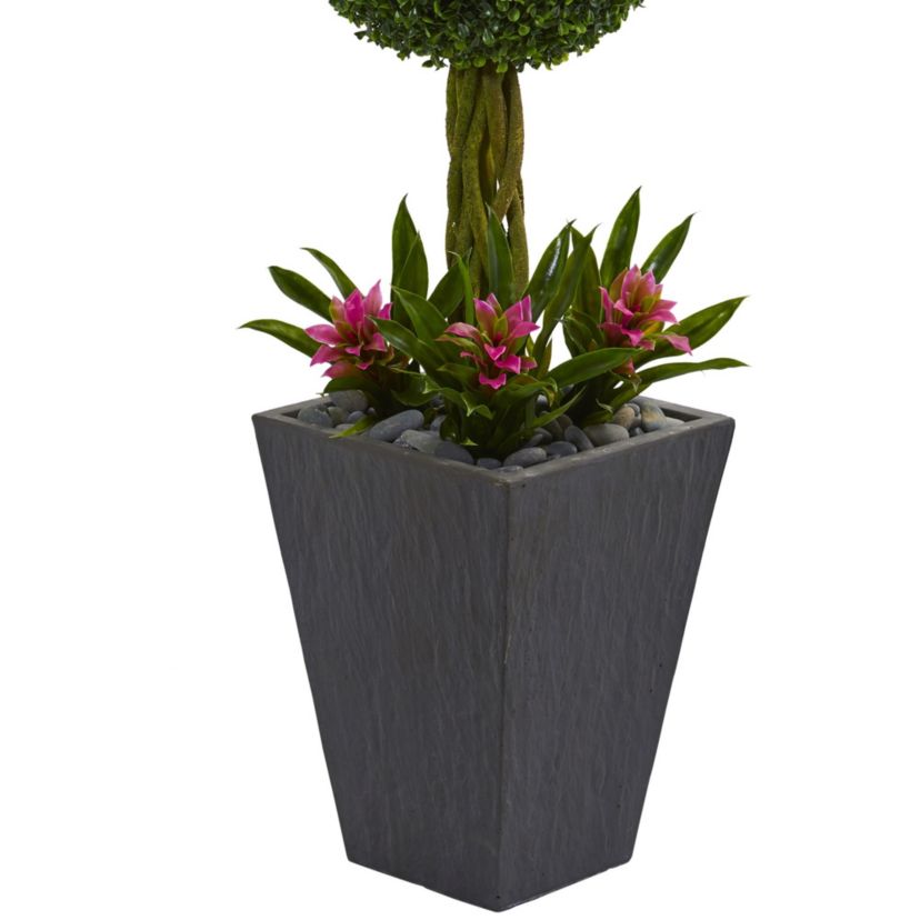 5-Foot Double Boxwood Ball Topiary Artificial Tree in Slate Planter UV Resistant (Indoor/Outdoor)