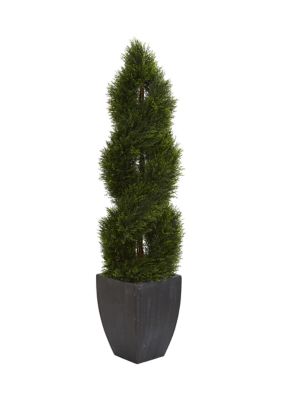 Nearly Natural 5 Double Pond Cypress Spiral Topiary Tree in Wash Planter Indoor/Outdoor, Green