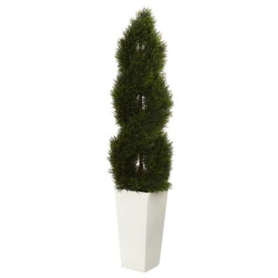 5.5-Foot Double Pond Cypress Spiral Topiary Artificial Tree in White Tower Planter UV Resistant (Indoor/Outdoor)