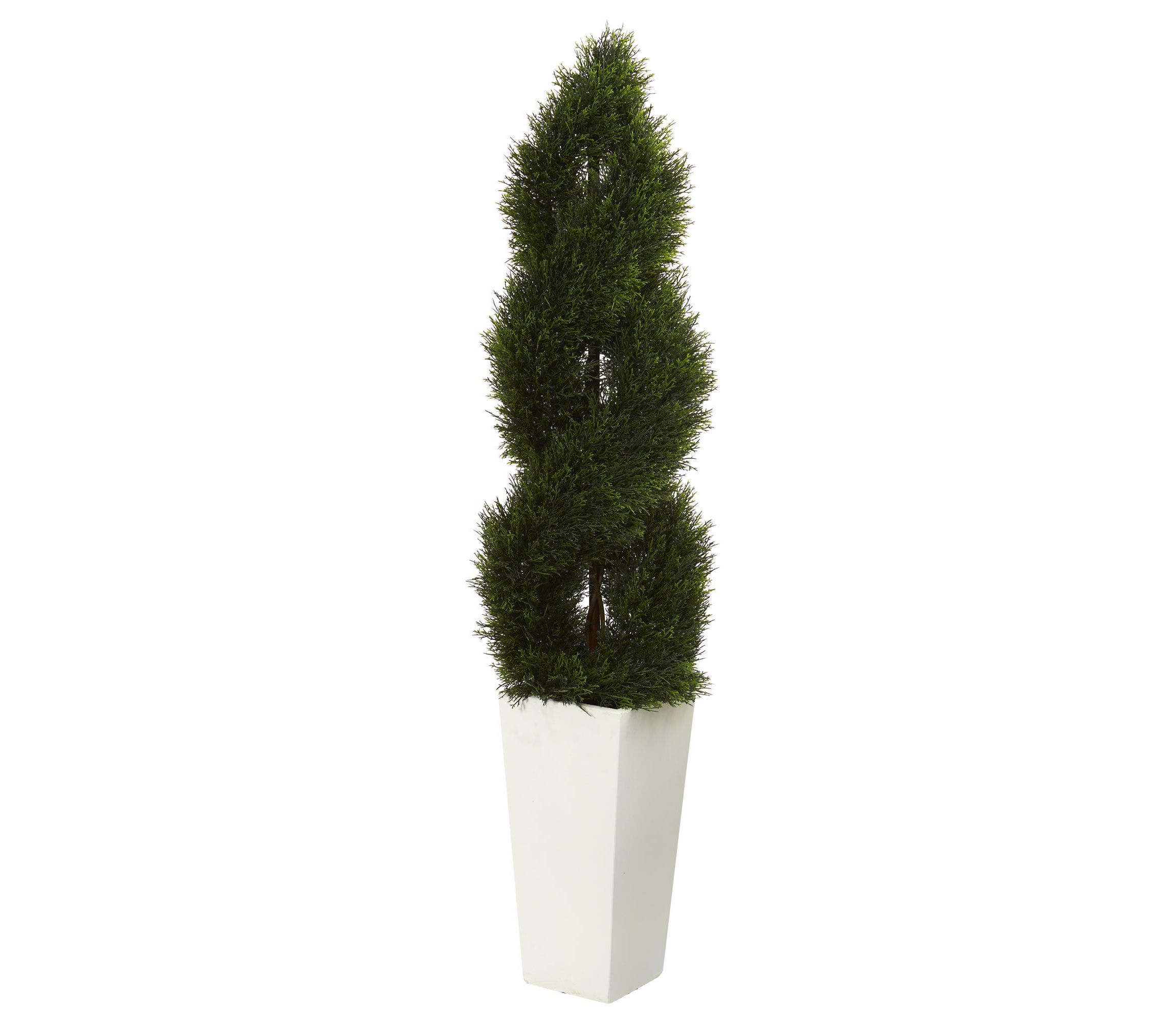 5.5-Foot Double Pond Cypress Spiral Topiary Artificial Tree in White Tower Planter UV Resistant (Indoor/Outdoor)
