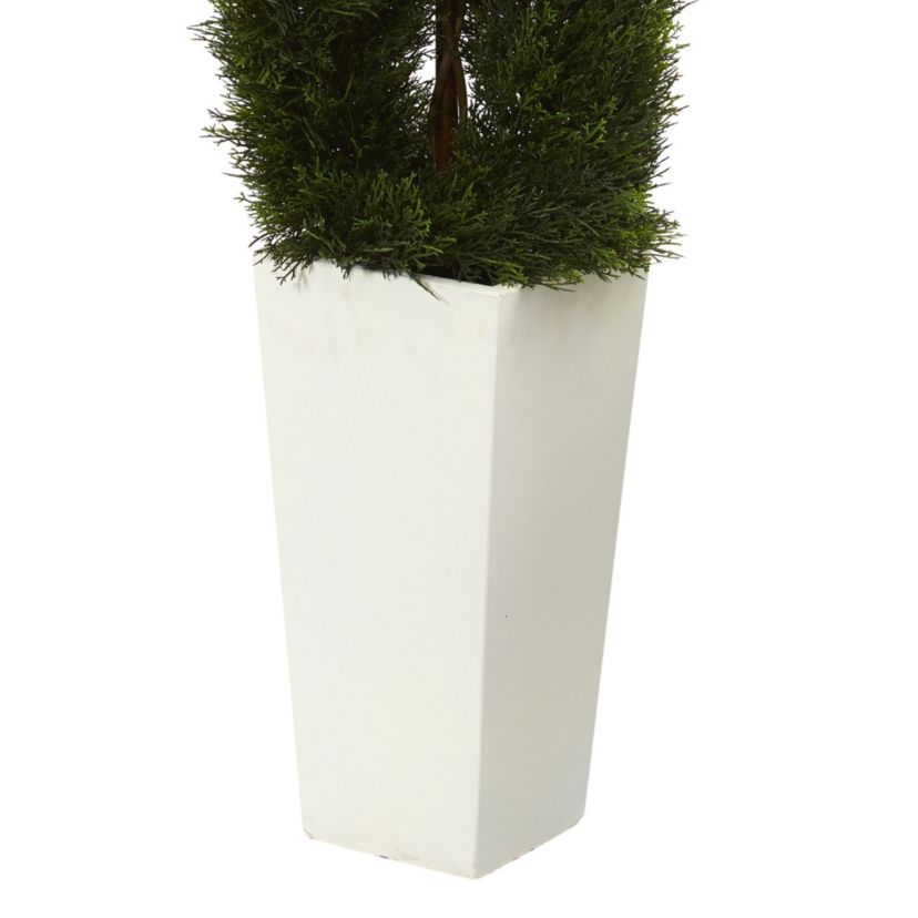 5.5-Foot Double Pond Cypress Spiral Topiary Artificial Tree in White Tower Planter UV Resistant (Indoor/Outdoor)