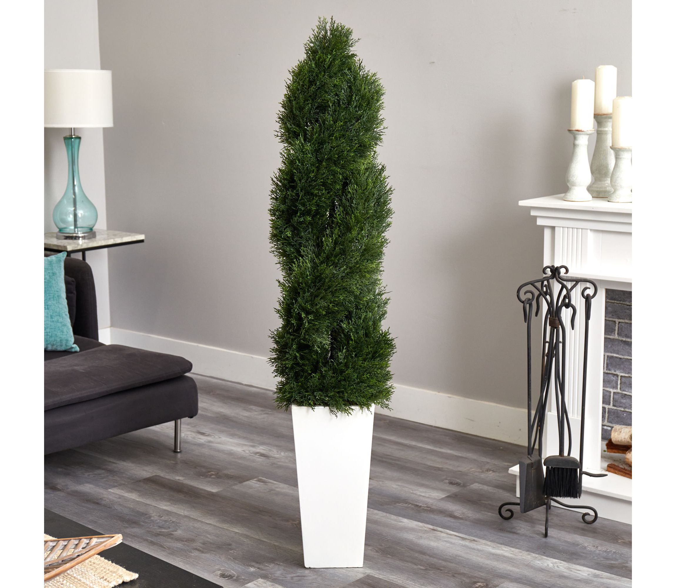 5.5-Foot Double Pond Cypress Spiral Topiary Artificial Tree in White Tower Planter UV Resistant (Indoor/Outdoor)
