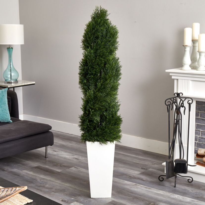 5.5-Foot Double Pond Cypress Spiral Topiary Artificial Tree in White Tower Planter UV Resistant (Indoor/Outdoor)