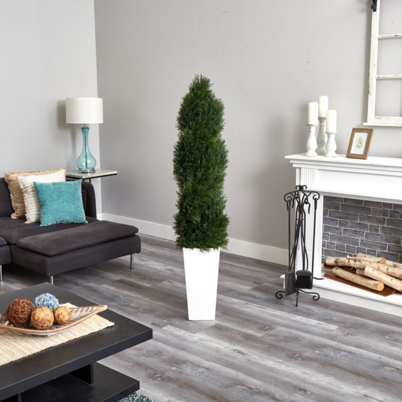 5.5-Foot Double Pond Cypress Spiral Topiary Artificial Tree in White Tower Planter UV Resistant (Indoor/Outdoor)