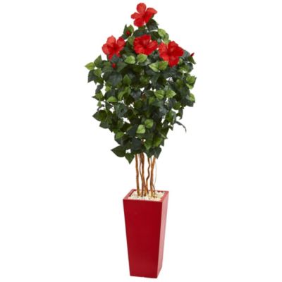 5.5-Foot Hibiscus Artificial Tree in Red Tower Planter