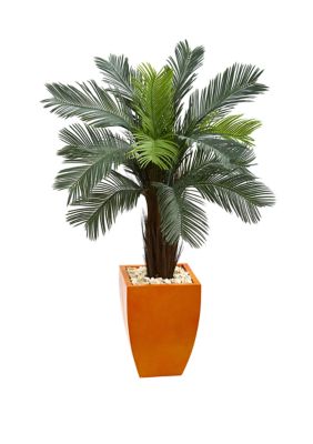 Nearly Natural 4.5 Foot Cycads Artificial Tree in Orange Planter with UV Resistant (Indoor/Outdoor), Green