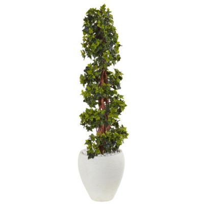 Nearly Natural 4-Foot English Ivy Topiary Artificial Tree in White Oval Planter, UV Resistant (Indoor/Outdoor), Green